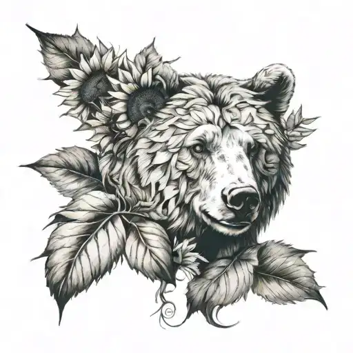 Sunflower With Leaves And A Friendly Bear