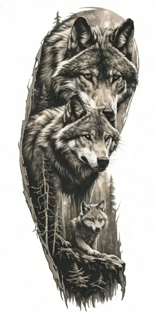 Wolf And Cub In Forest