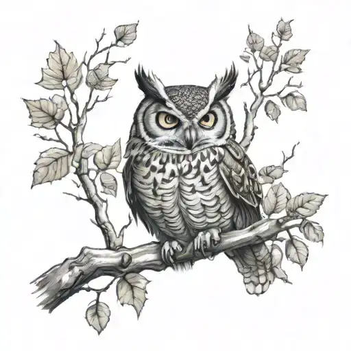 Horned Owl Perched On A Branch Surrounded By Wind Blowing Leaves With A Name In Wind