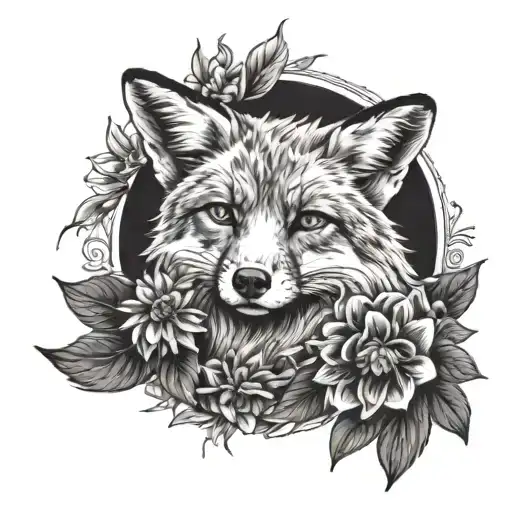 Fox Laying With Dahlia Flowers Surrounding