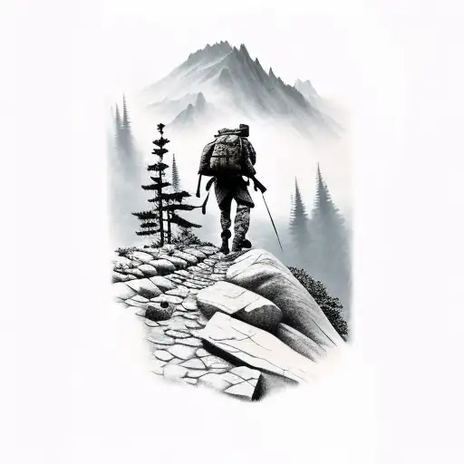 A Silhouette Of A Soldier Hiking Up A Steep Mountain
