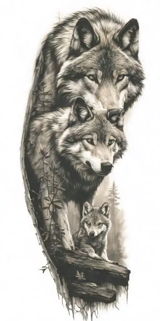 Wolf And Cub In Forest