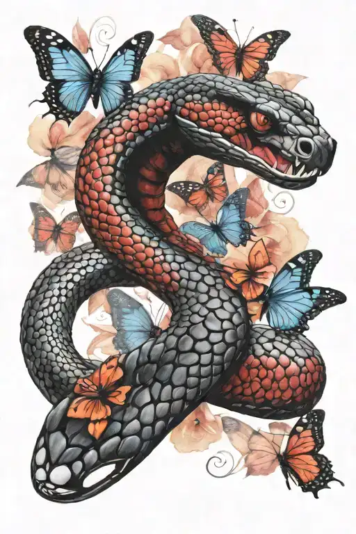 Black And Red Cobra Striking With Pastel Watercolor Butterflies In The Background Fading Out