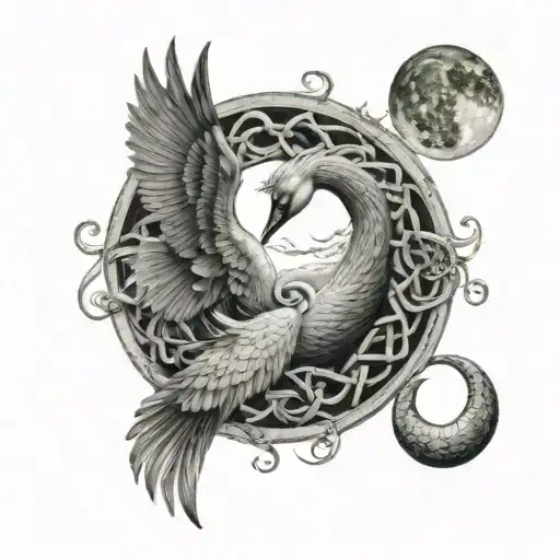 A Celtic Swan And Celtic Horse Facing Each Other In Front Of A Waning Gibbous Moon