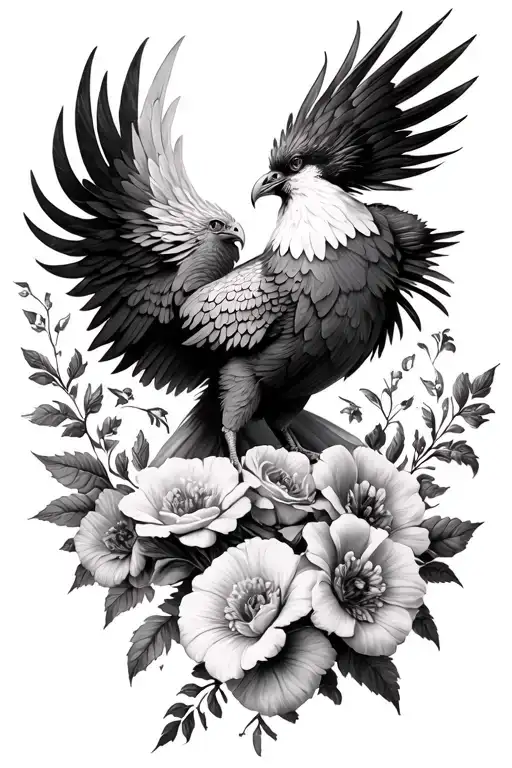 With Flowers And A Black And White Phoenix