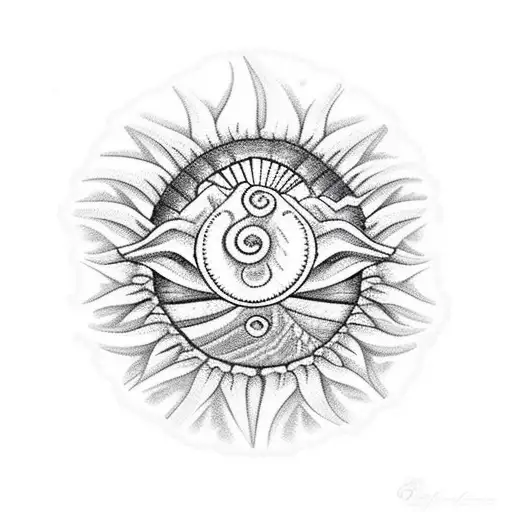 Traditional Simple Seashell Outline Boarder With A Picture Of A Mountain Beach Sunrise Inside