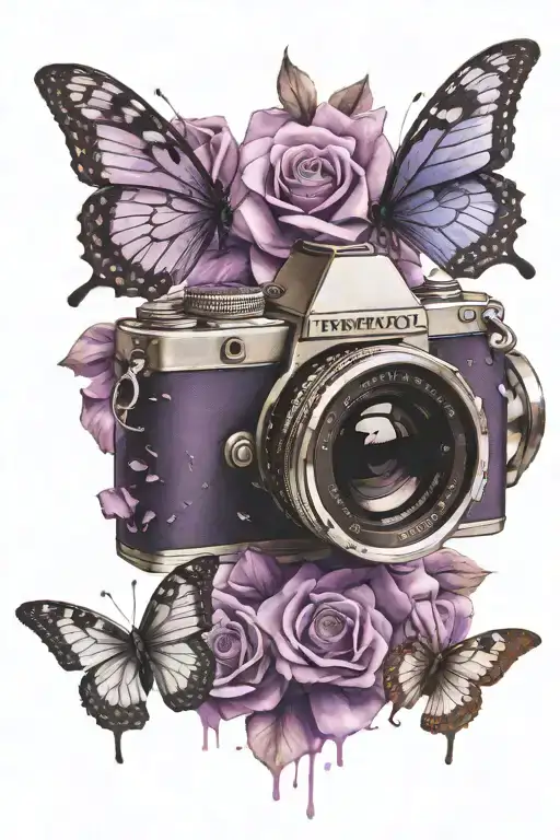 A Camera Lens Morphing Into A Butterfly With Purple Rose Petals Scattered Around It