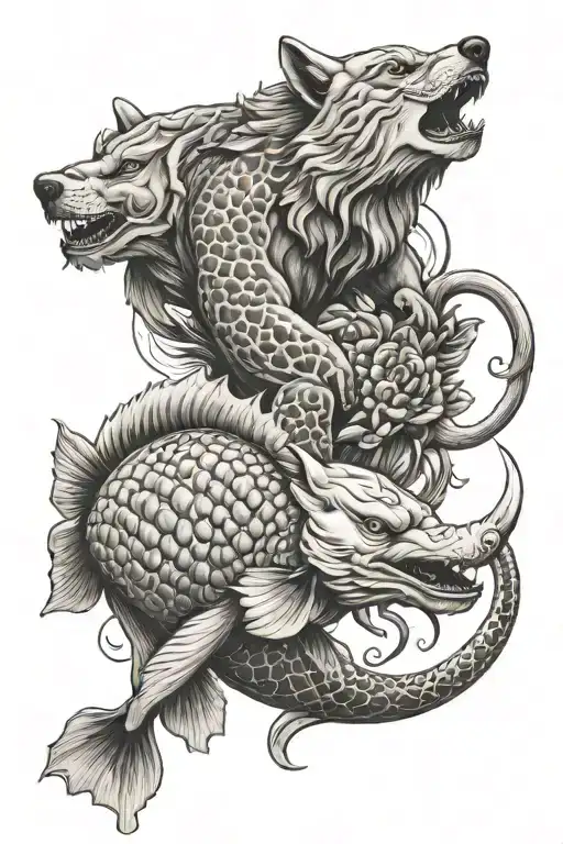 Wolf Koi Fish And Elephant Together Symbolizing The Client's