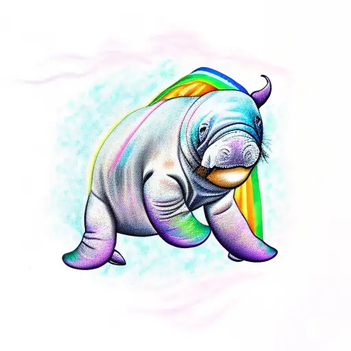 Realistic Portrait Of A Manatee Wearing A Rainbow-colored Pride Flag As A Cape