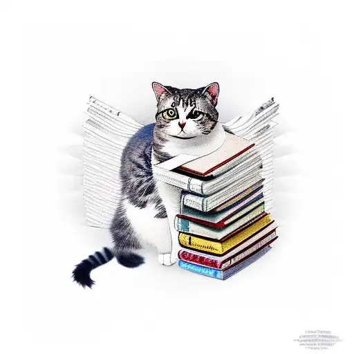 A Cat Sitting On A Stack Of Books With Philosophical Symbols Incorporated Into The Background