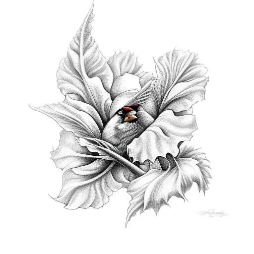 Cardinal Perched On Morning Glory