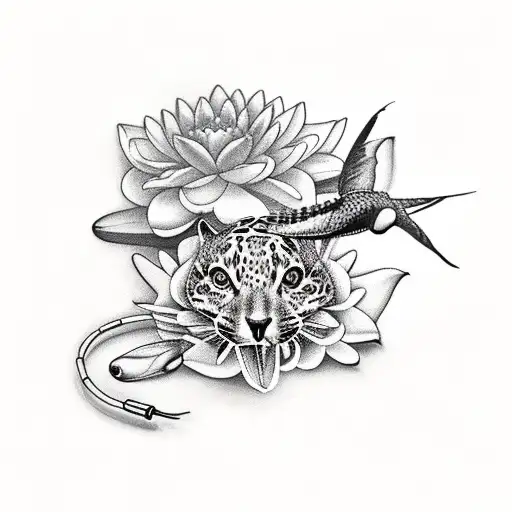 Jaguar Head With Water Lily And Swallow Tailed Hummingbird