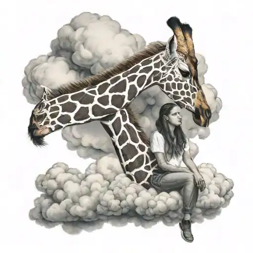 Girl Sitting On A Cloud Looking At A Giraffe's Head Coming Out Of The Cloud