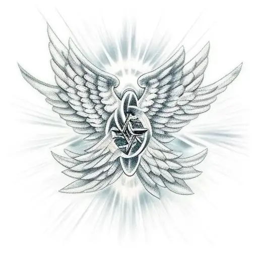 Infinity Cross With Wings On Each Side Of Cross & Beautiful Bright Godly Sunrays Shining I