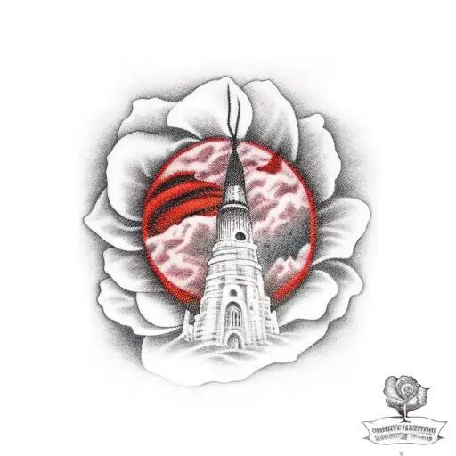 Stephen Kings Dark Tower With A Red Setting Sun With Roland Looking Up From The Field Of Roses