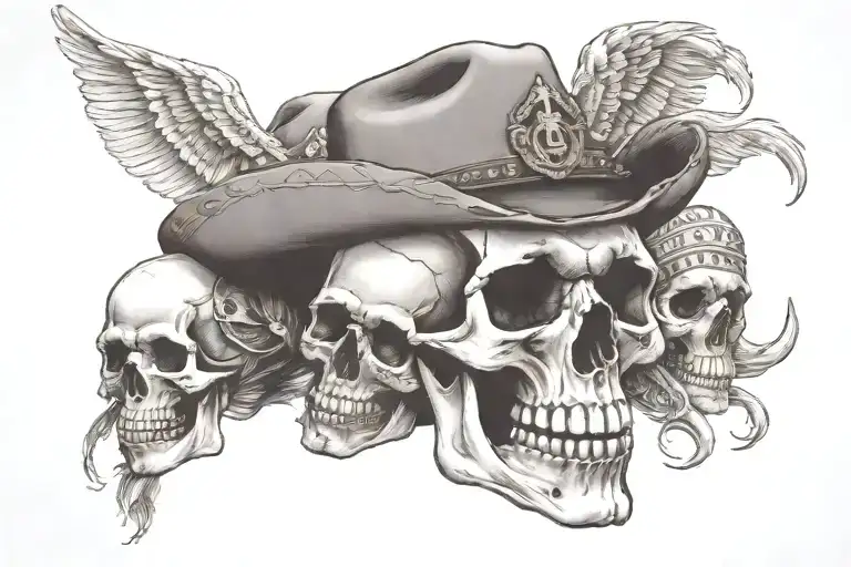 Cowboy Skull And Pirate Skull And Native American Skull Together