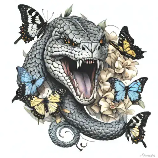 Black And Grey Cobra Striking With Pastel Butterflies Behind It