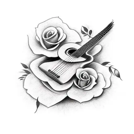 A Realistic Tattoo Of A Guitar Surrounded By Blooming Flowers