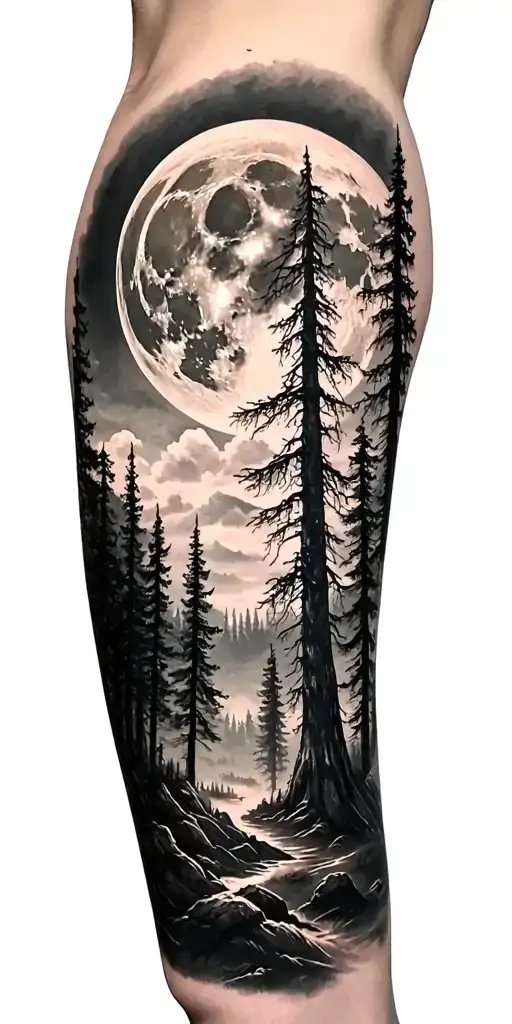 Dense Forest Landscape With Giant Moon