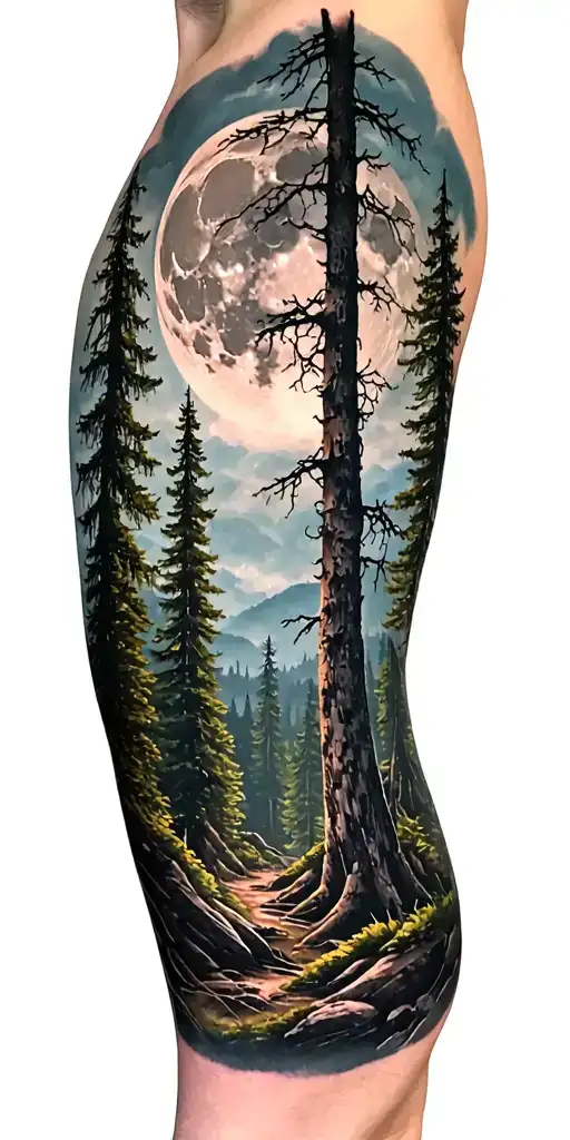 Dense Forest Landscape With Giant Moon