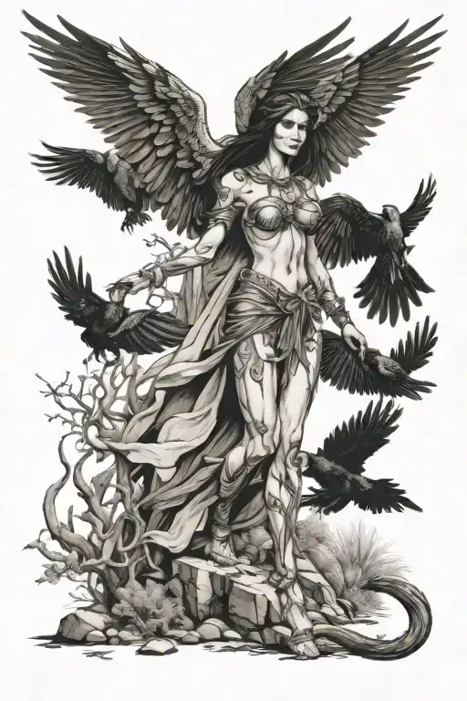 Goddess Morrigan Walking Through Arid Area And Nature Revives In Her Wake