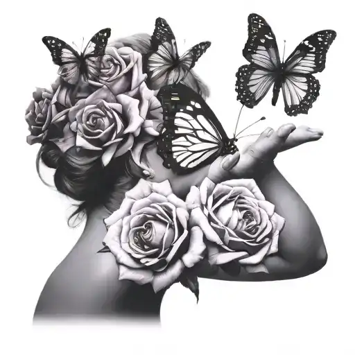 A Mother And Child Silhouette Taking A Photo Of A Butterfly Resting On A Purple Rose