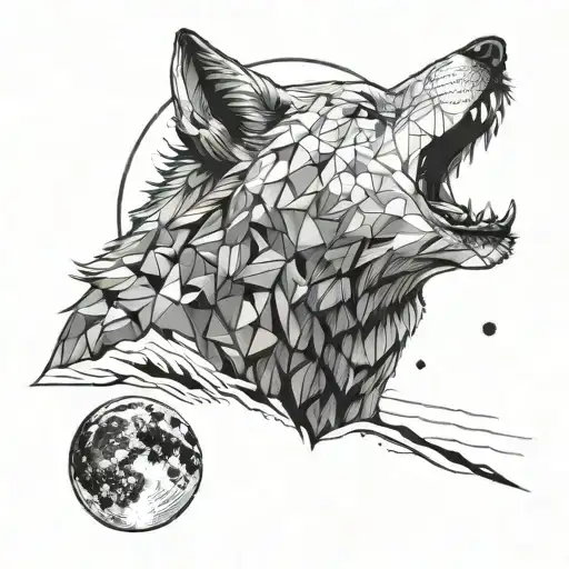 A Geometric Wolf Howling At The Moon In A Dotwork Style