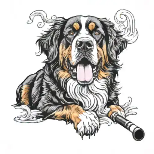 A Bernese Mountain Dog With A Pipe In The Back And Smoke Coming Out Of It