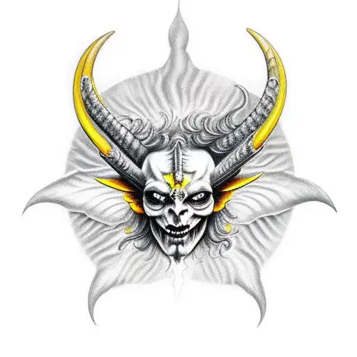 Devil Wearing A Cracked And Chipped Angel Mask With Halo About The Horns