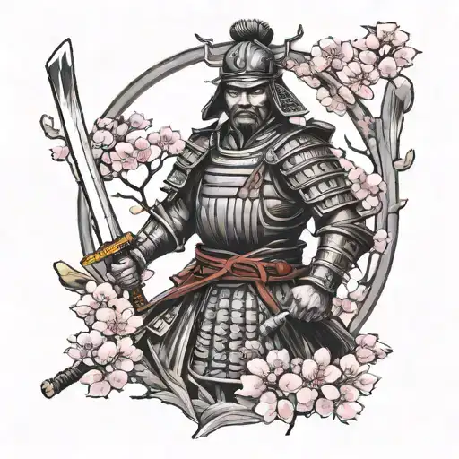 Samurai Warrior Ready To Fight With Cherry Blossoms