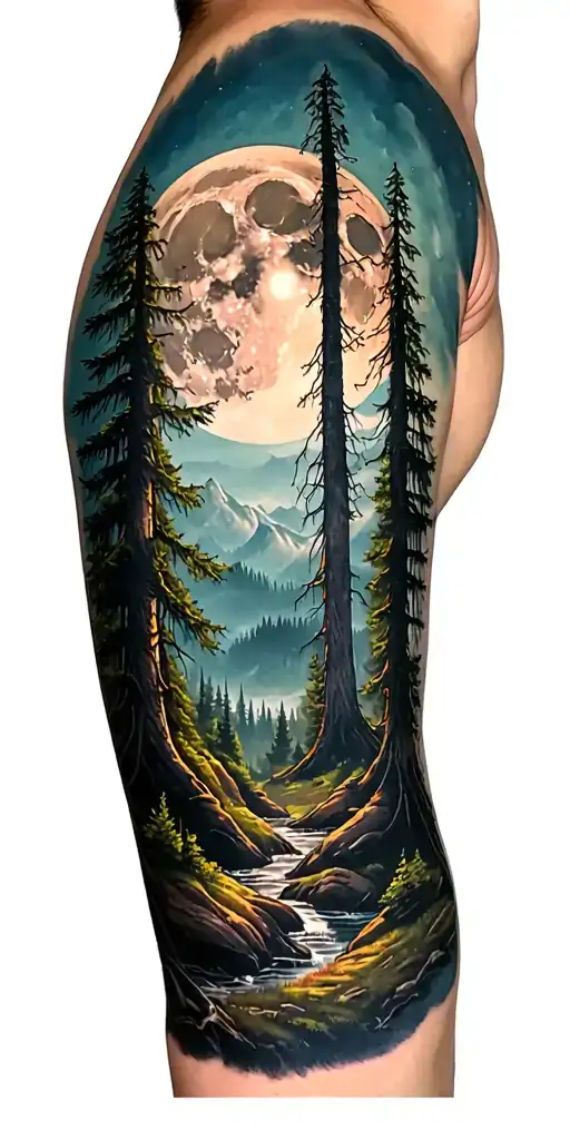 Dense Forest Landscape With Giant Moon