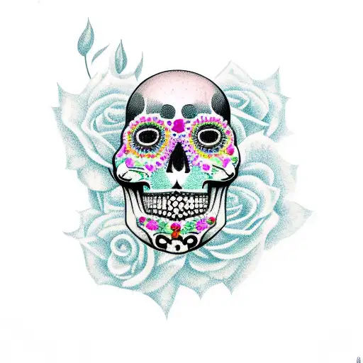 Half Lady Half Sugar Skull With Flowers