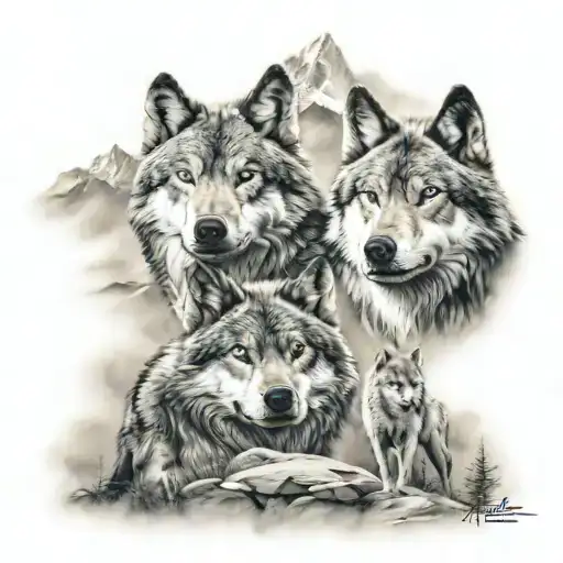 Family Wolves 2 Adults 2 Children In The Mountains