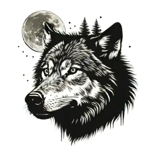 Wolf Face With Moon In The Background And Forest Below