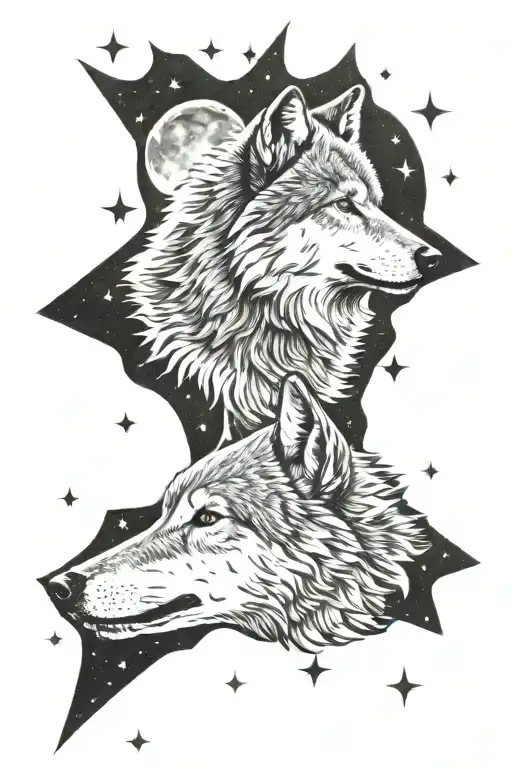 Wolf And Moon Surrounded By Stars