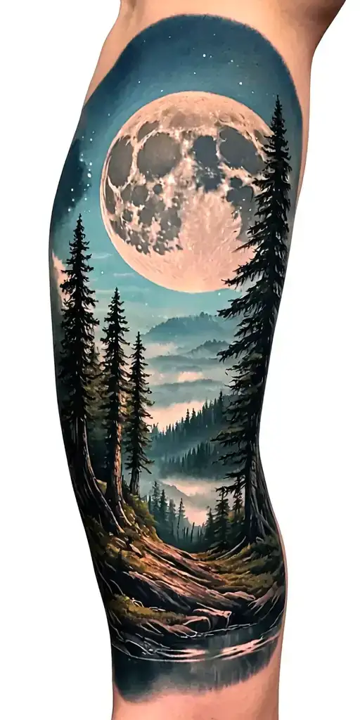 Dense Forest Landscape With Giant Moon