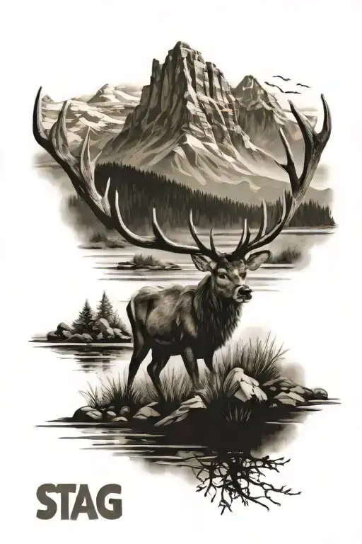 Stag On River Bed With Mountain Range In Background