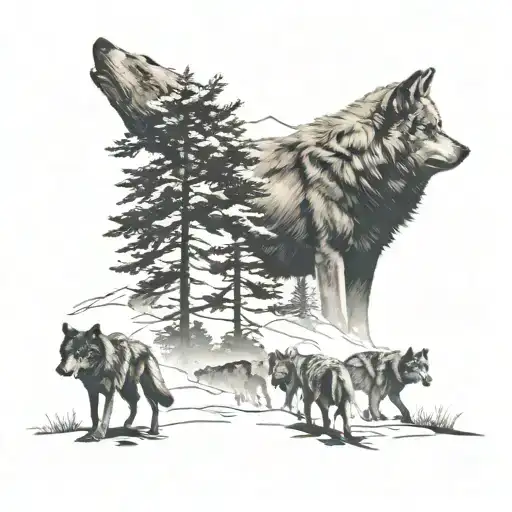 Silhouette Of A Man Walking Out Of The Wolves Den Leading The Pack With One Wolf Looking Back