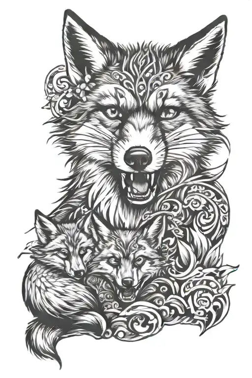 Black And Angry Fox With Baby Fox And Viking Elements