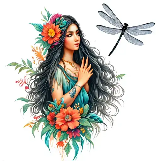 Wise Woman Long Hair In Native Flowers With A Dragon Fly On Her Finger