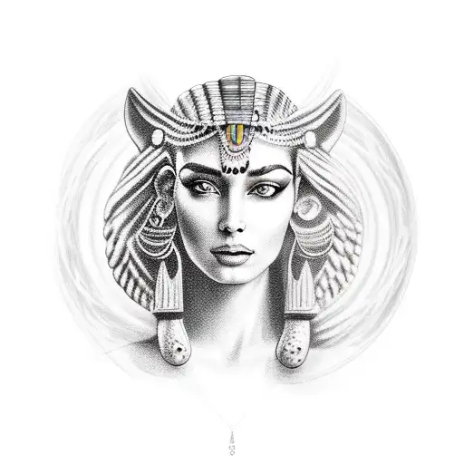 Beautiful Female Cleopatra Combined With A Realistic Lioness On The Upper Left Arm