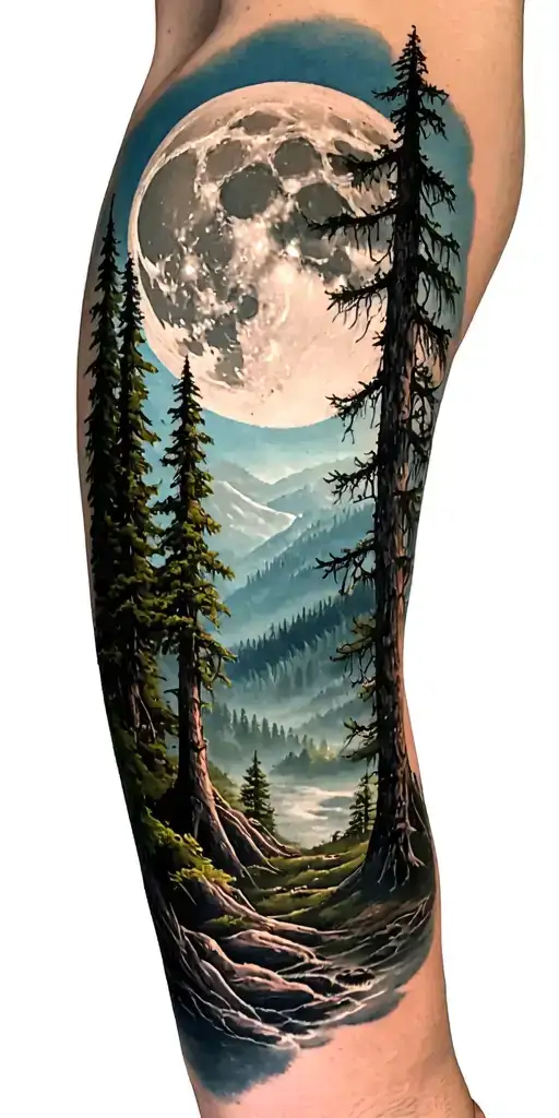 Dense Forest Landscape With Giant Moon