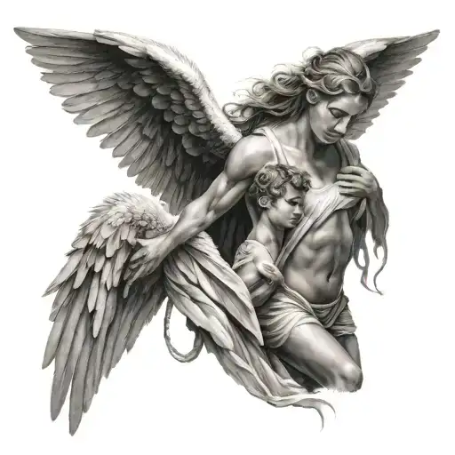 Angel Male Protects A Woman With His Wings Wrapped Round