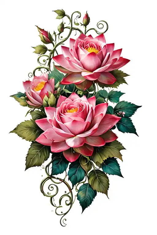 A Lot Of Small Roses And Lotus Flowers With Vines