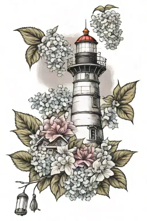 Lighthouse And Hydrangeas Blooming