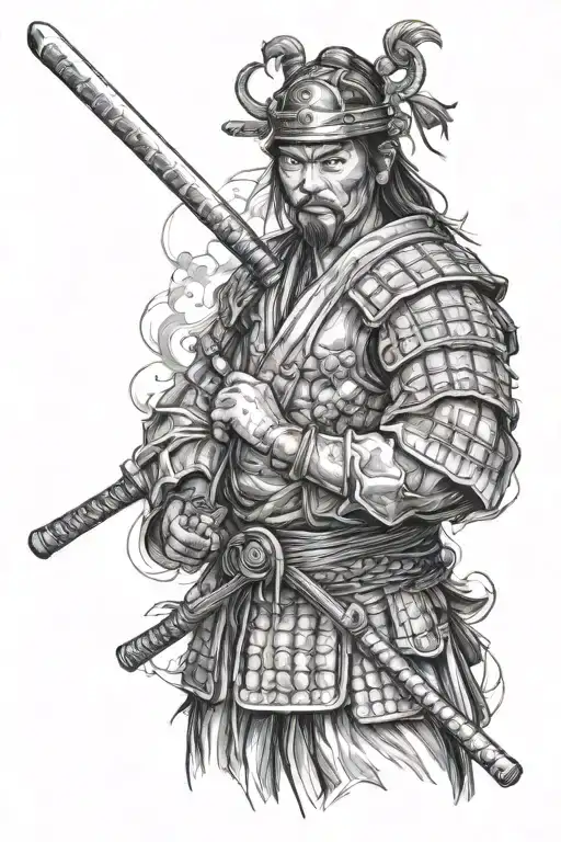 Samurai In Japanese Style Realism Tattoo Sketch In Black And White
