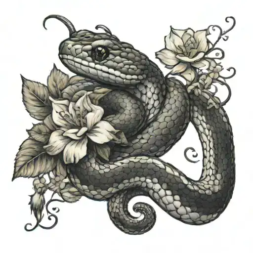 Snake With Flowers And Stem And Vines