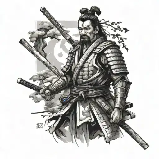 Samurai In Japanese Style Realism Tattoo Sketch In Black And White