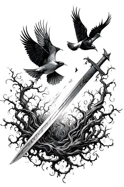 Lines With Birds Flying Away Sword Surrounded With Vines