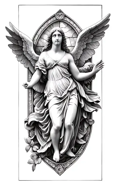 One Angel On A Rectangle Stained Glass Window Black And White Image Tattoo Realism